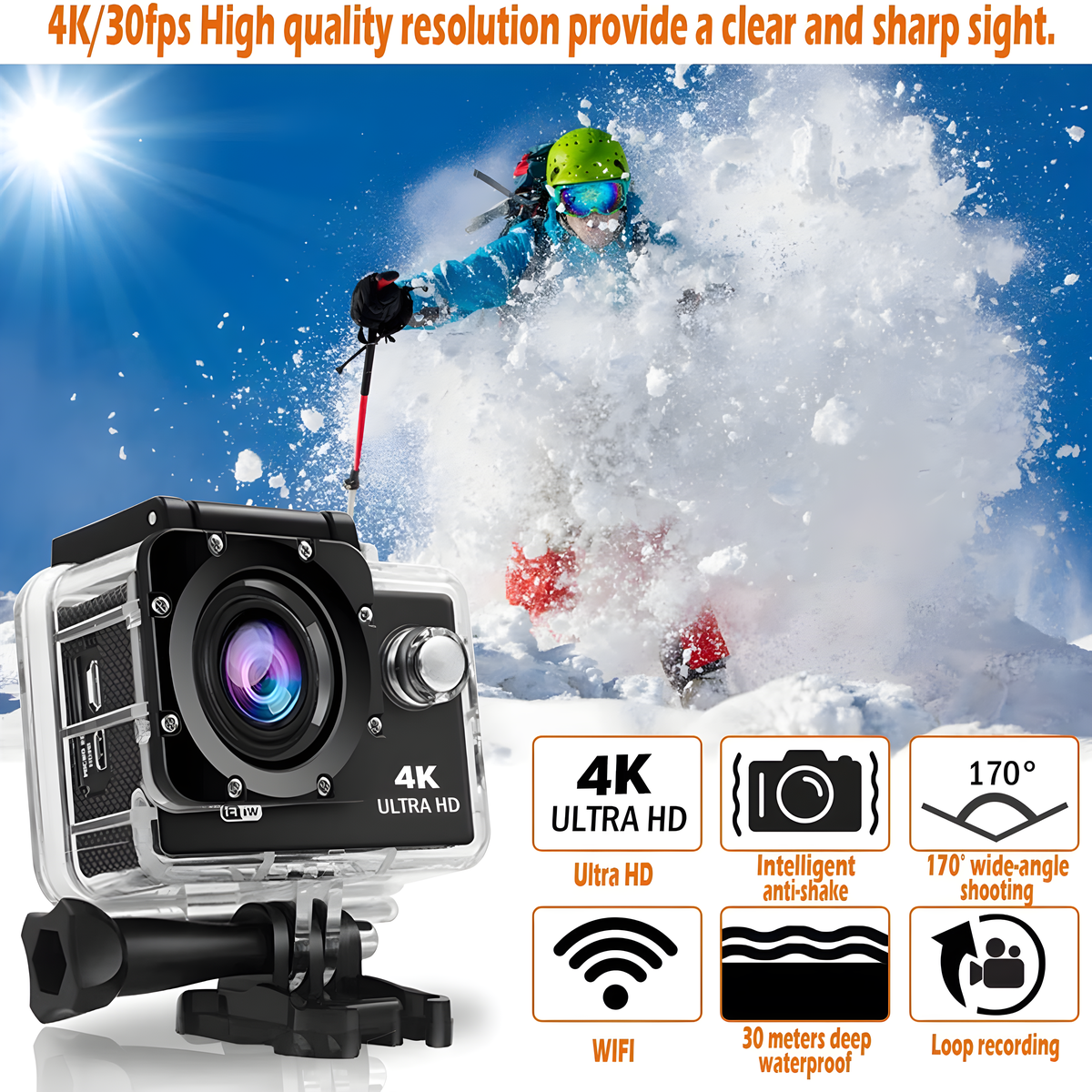 Eine Action-Kamera mit Skifahrer im Schnee. Funktionen umfassen 4K und WiFi.