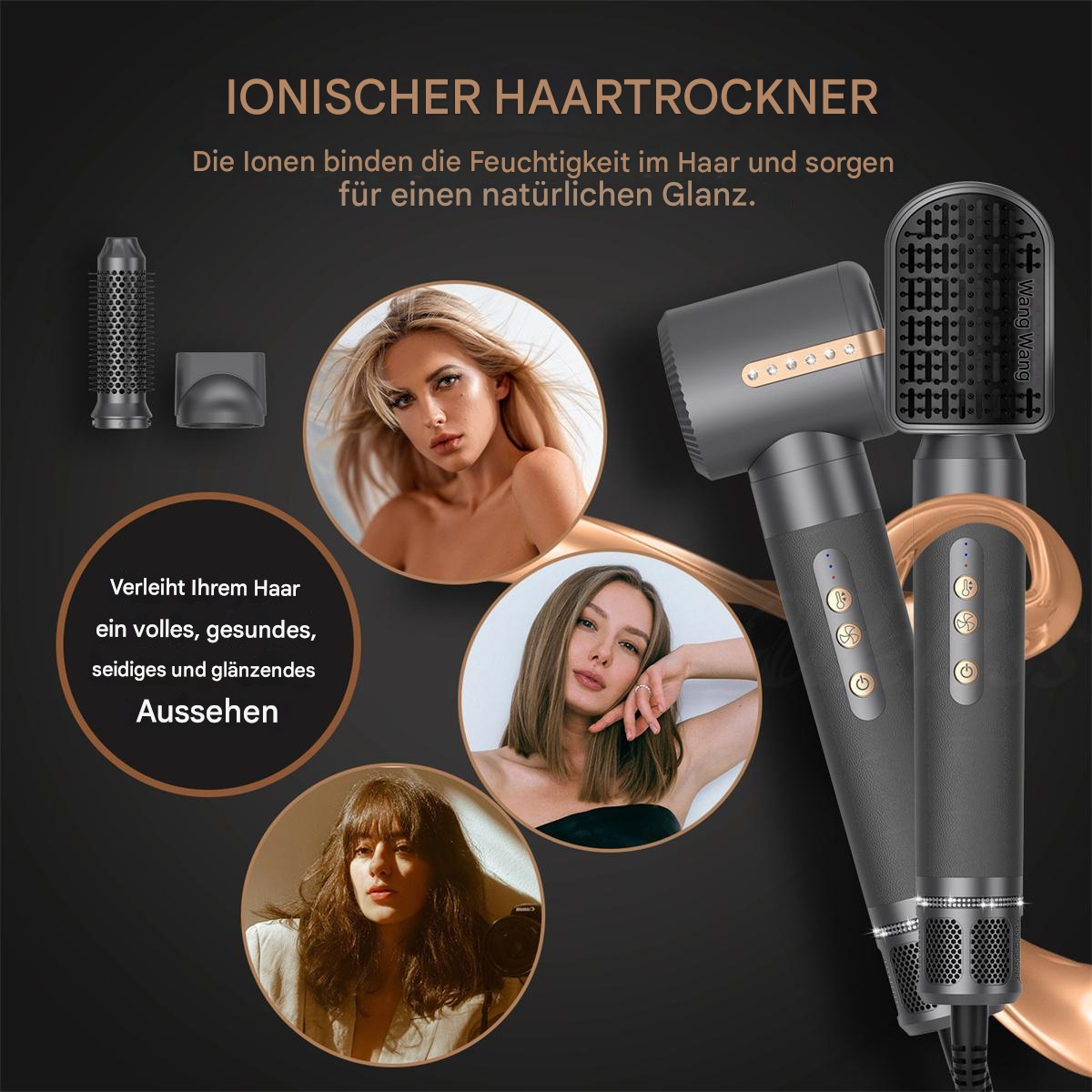 Ein weißes und goldenes Haarstyling-Set. Die Komponenten werden gemessen.
