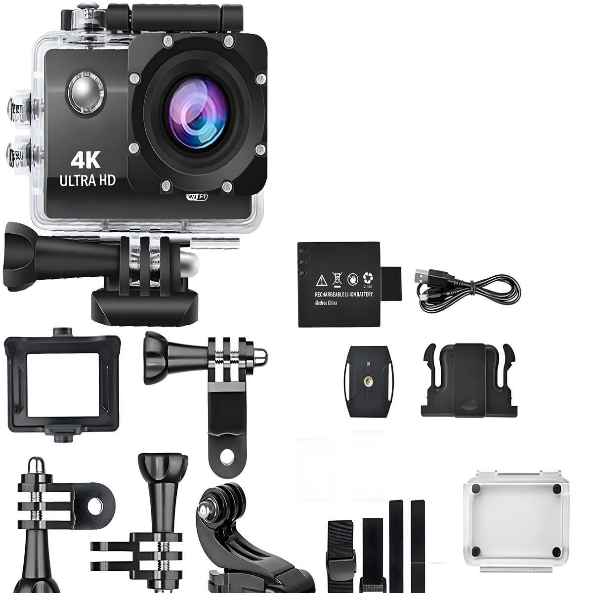Eine schwarze 4K Ultra HD Action-Kamera mit Zubehör wie Akku, Halterungen und einem USB-Kabel.