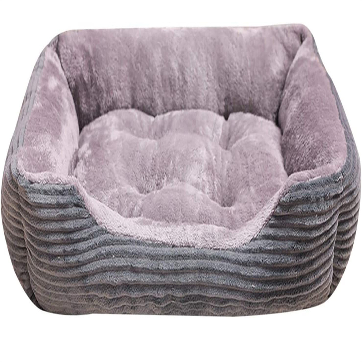 Ein Hundebett mit grauen, gerippten Seiten und einem grau-violetten Plüsch-Innenraum.