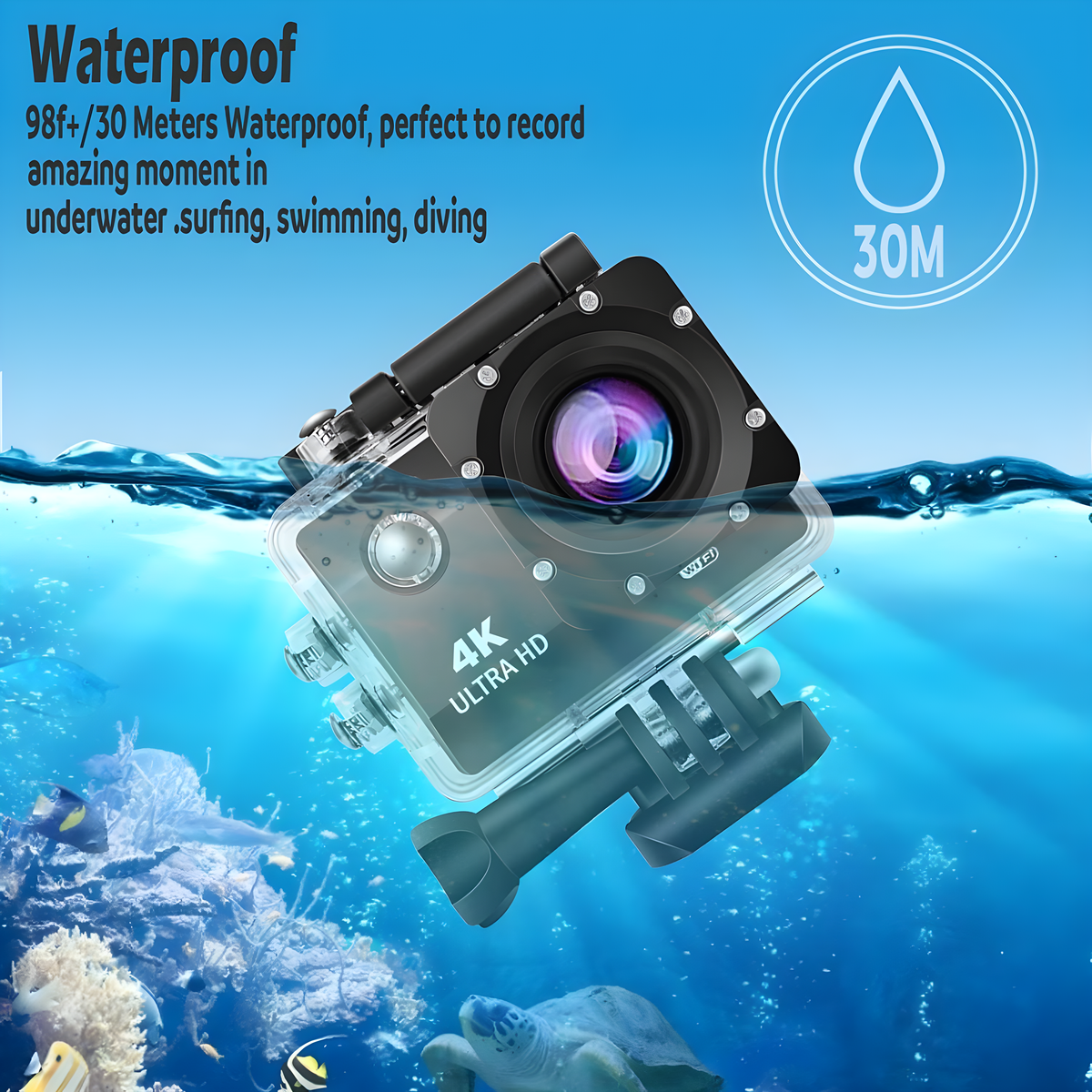 Eine wasserdichte Action-Kamera im Wasser, die Unterwasserleben und einen blauen Hintergrund mit Text zeigt.