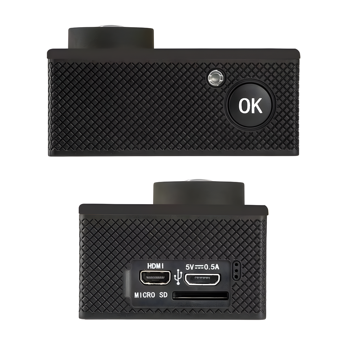 Schwarze Action-Kamera mit sichtbarer 'OK'-Taste und Anschlüssen.