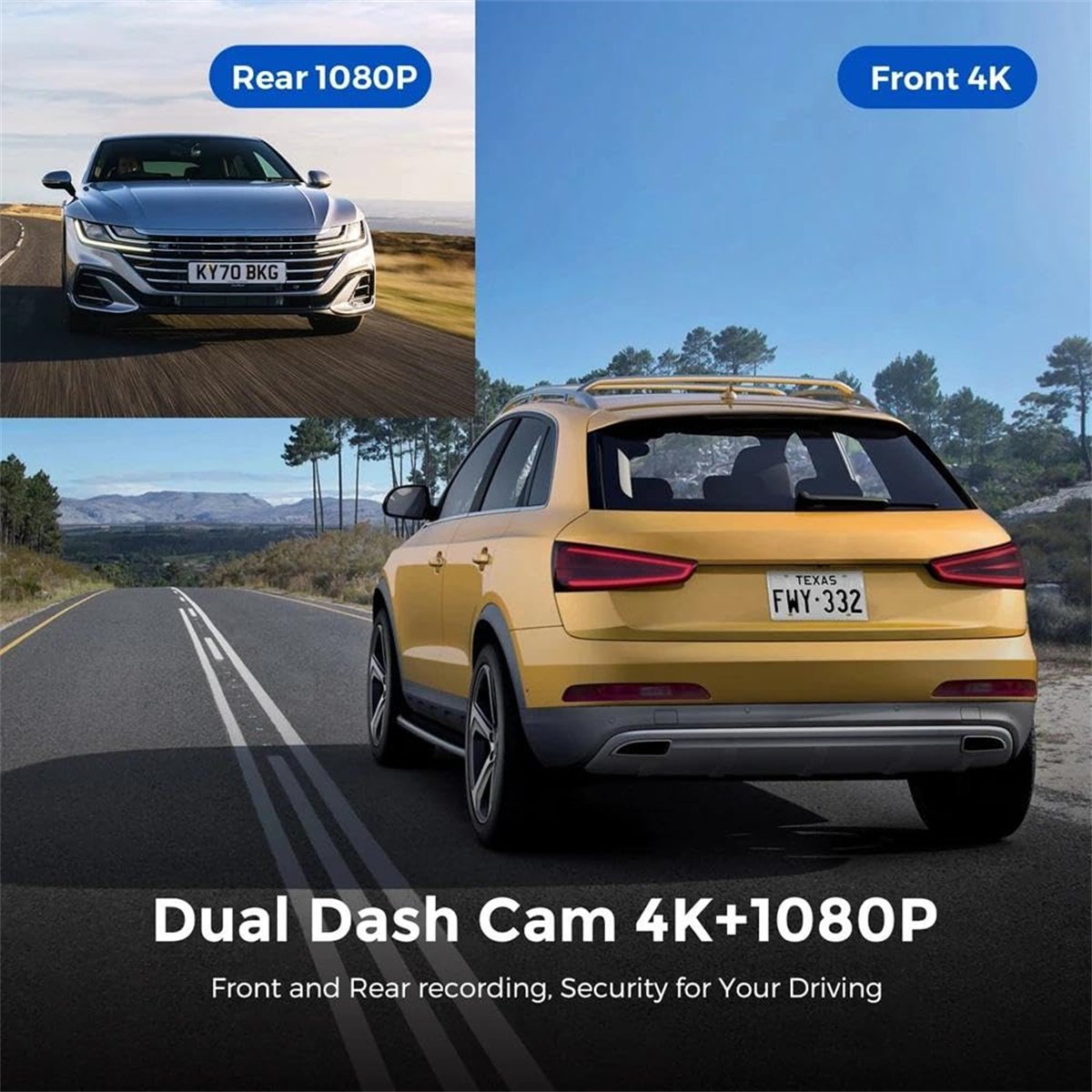 Dual Dashcam, die Vorder- und Rückansicht von Autos auf einer Straße zeigt, mit Text.
