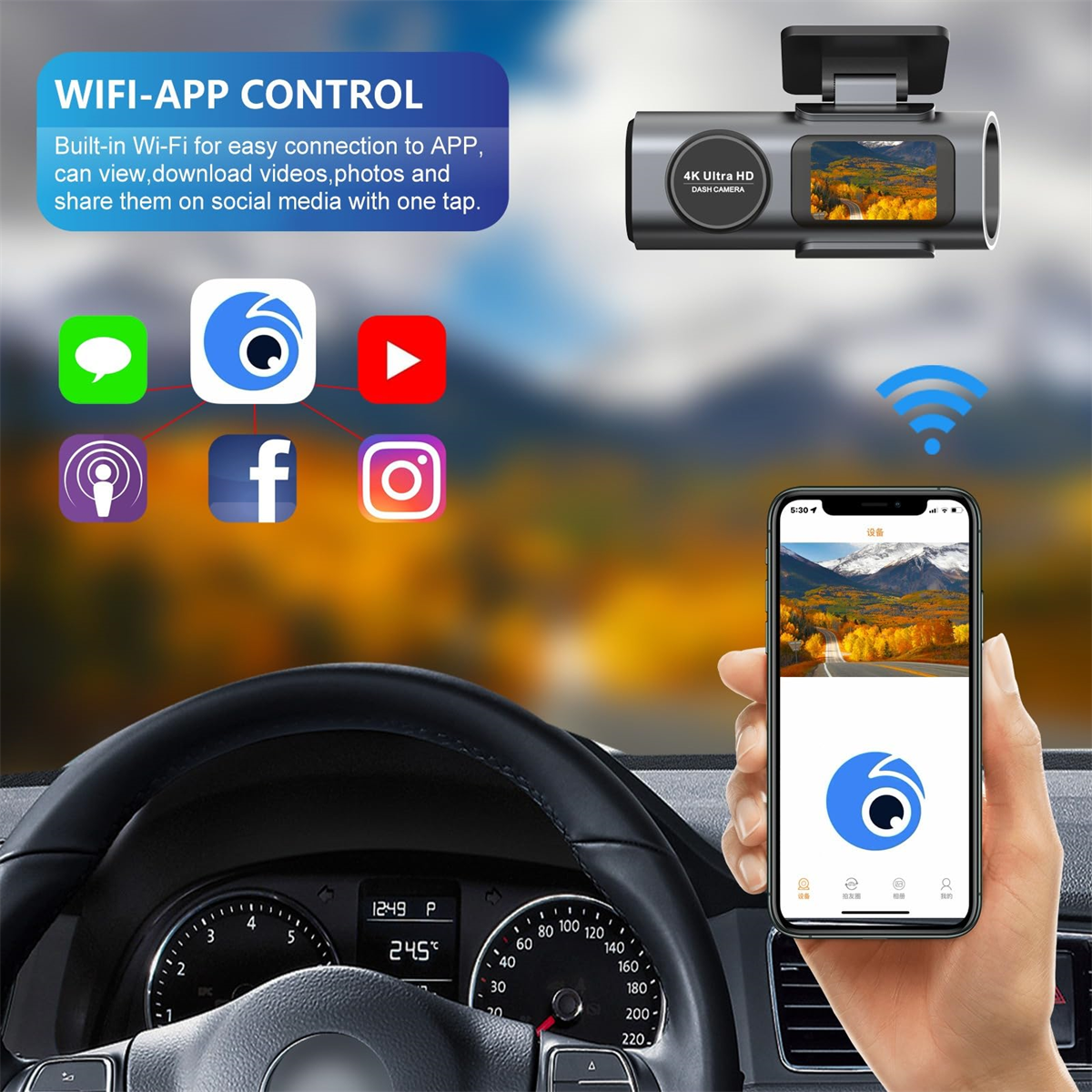 Ein Armaturenbrett mit Dashcam, die eine Straßenansicht zeigt, und einem verbundenen Telefon mit Social-Media-App.