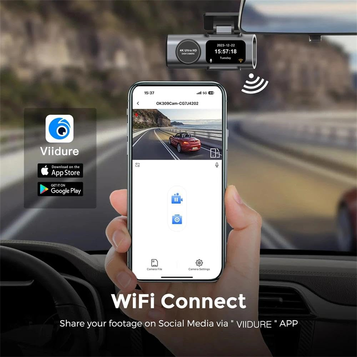 Ein Telefon zeigt eine Dashcam-Oberfläche mit WiFi-Verbindungsoption. Ein Autointerieur ist im Hintergrund.