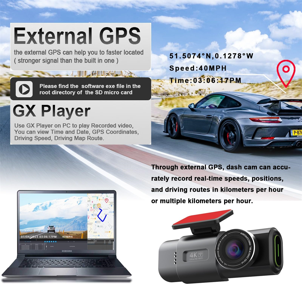 Ein Auto-Dashcam-Setup mit einem Laptop, der eine Karte anzeigt. Ein Auto im Hintergrund.