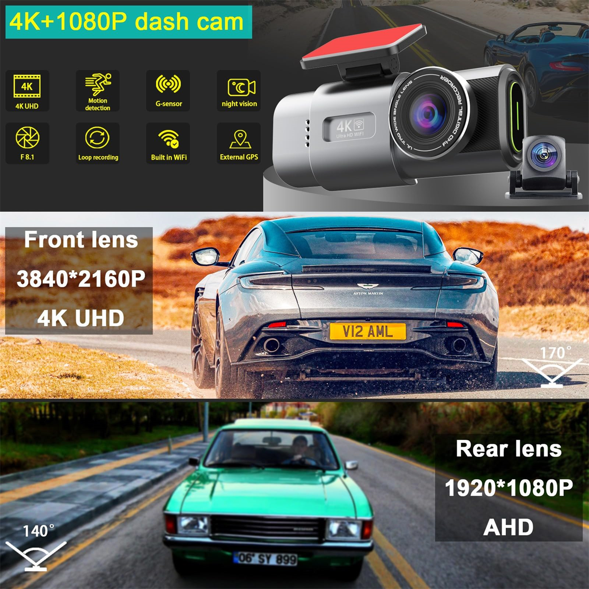 Dashcam, die Auto und Funktionen zeigt. Vorder- und Rückkameraansichten. Grünes Auto auf der Straße.
