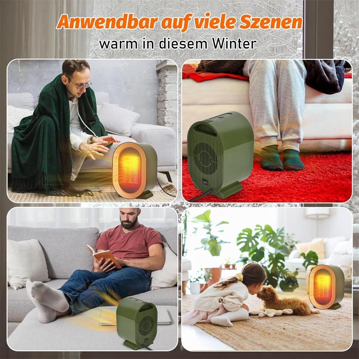 Vier Bilder zeigen einen kleinen grünen Heizlüfter in verschiedenen Umgebungen: Mann, Frau, Kind und Raum.