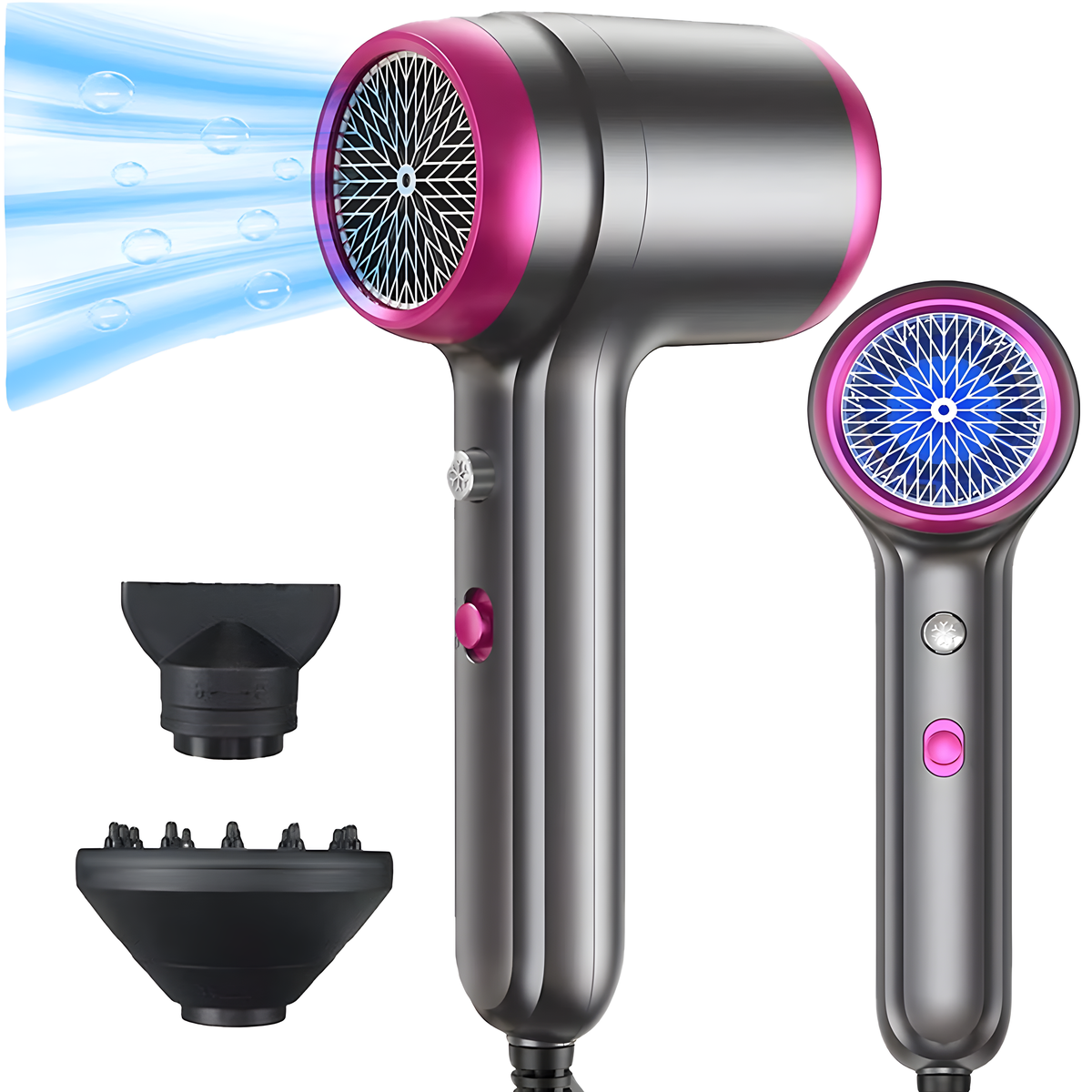 Grauer und rosa Haartrockner mit Zubehör. Mit blauem Luft-Effekt und zweiter Ansicht.