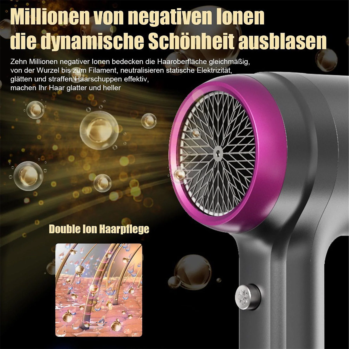 Nahaufnahme eines schwarz-grauen Haartrockners mit pinkem Ring und Text auf Deutsch.