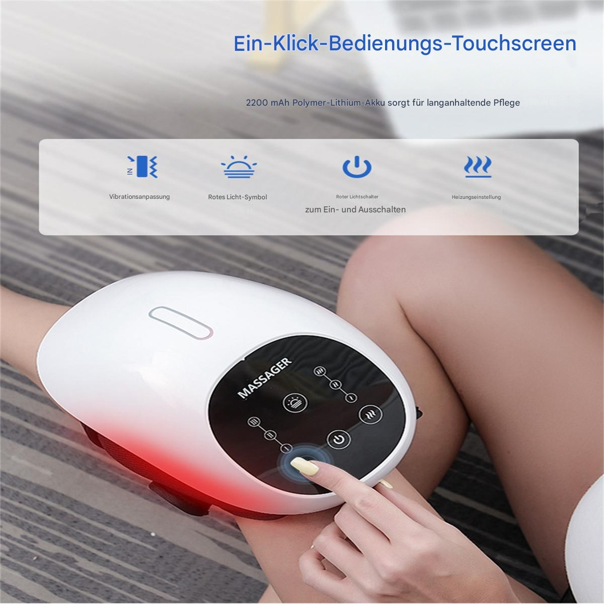 Weißes und rotes Massagegerät wird am Bein einer Person verwendet. Eine Taste ist hervorgehoben.