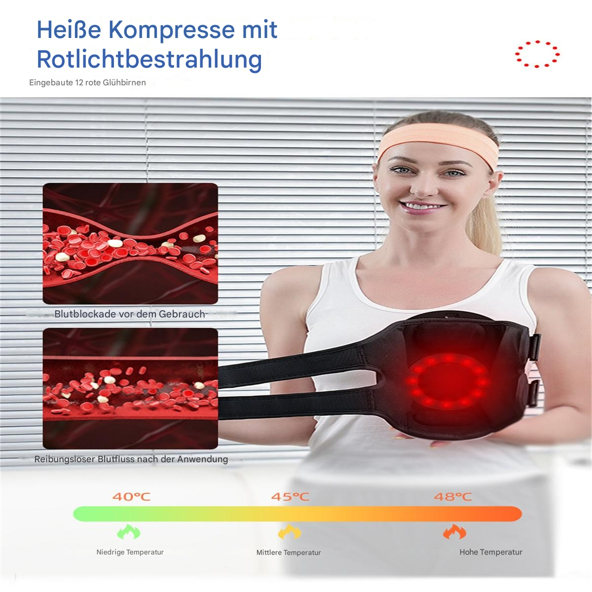 Eine Frau mit Stirnband, mit einem Heizkissen am Bauch, mit Grafiken.