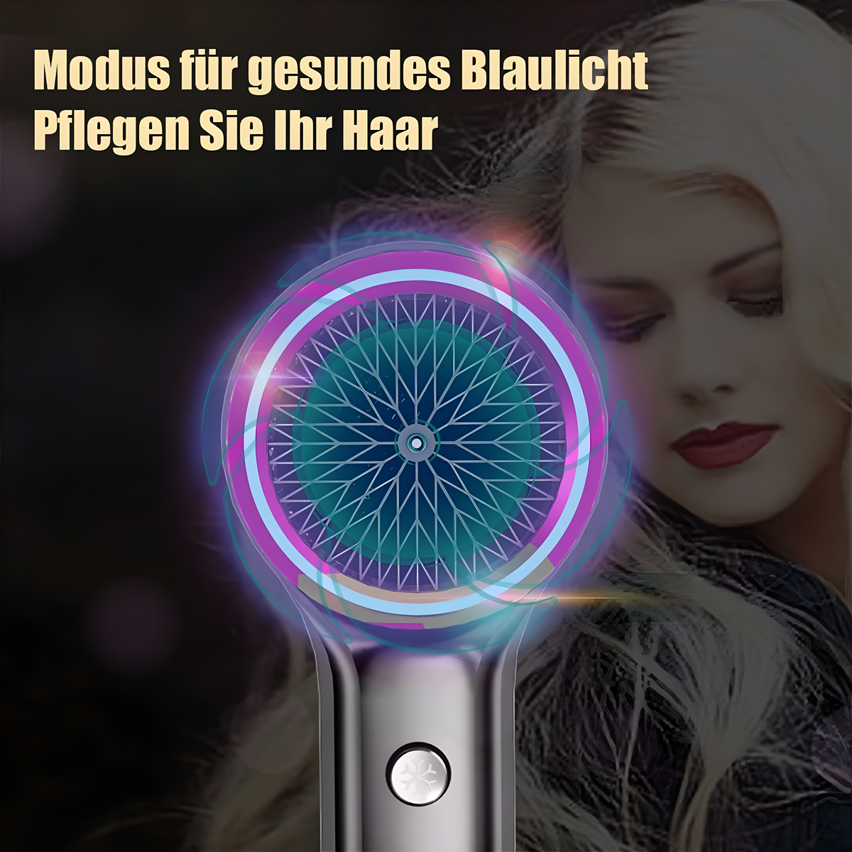 Frau mit blonden Haaren, hält einen Haartrockner mit blauem und lila Licht.