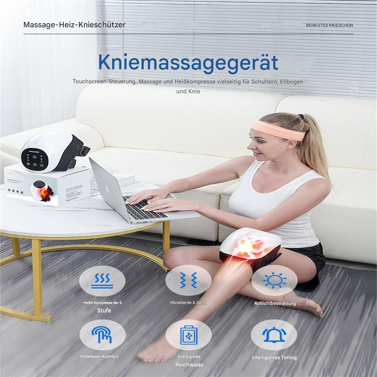 Frau benutzt Laptop mit Knie-Massagegerät am Bein, Icons zeigen Funktionen.
