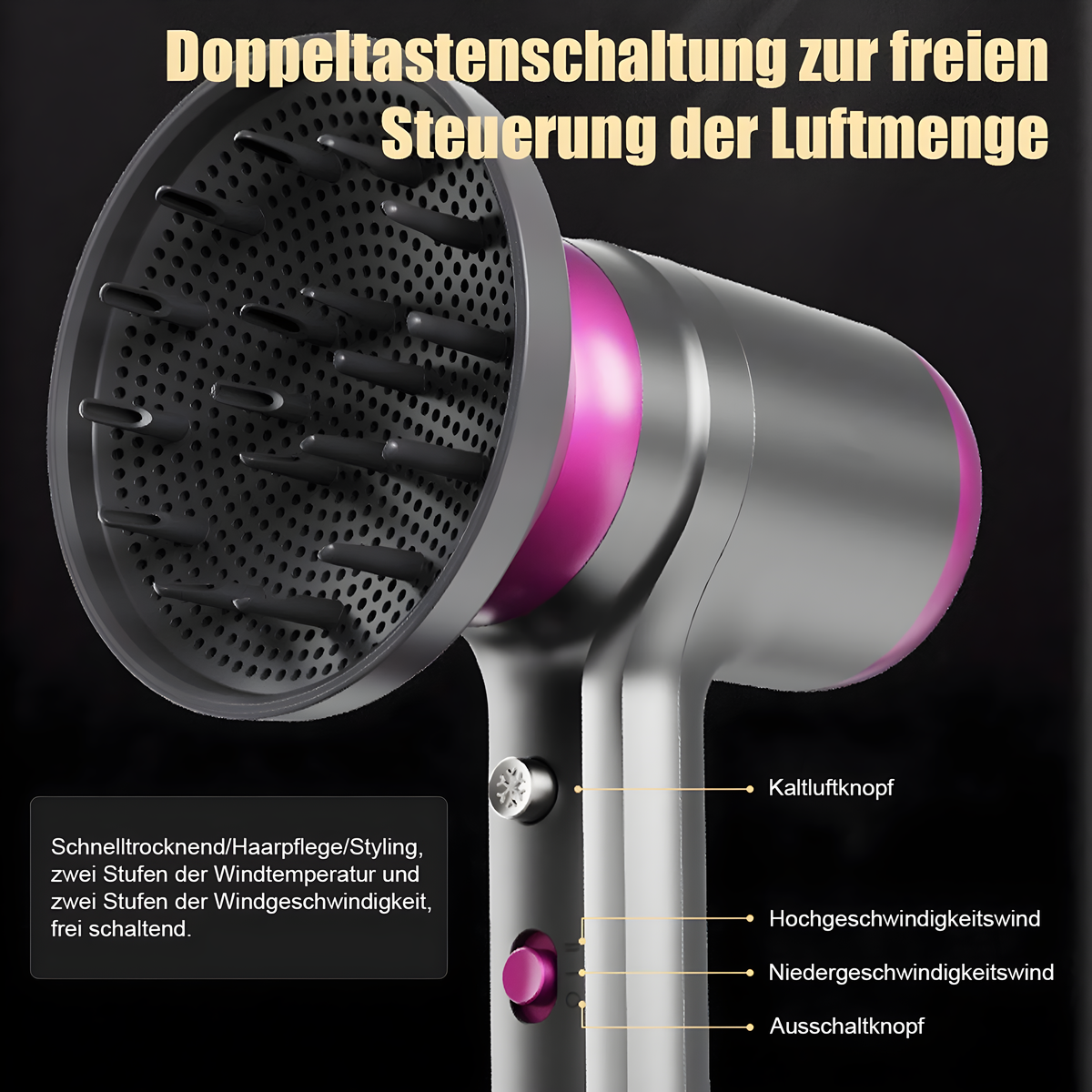 Ein silberner und rosa Haartrockner mit Diffusoraufsatz. Text in Deutsch beschreibt Funktionen.