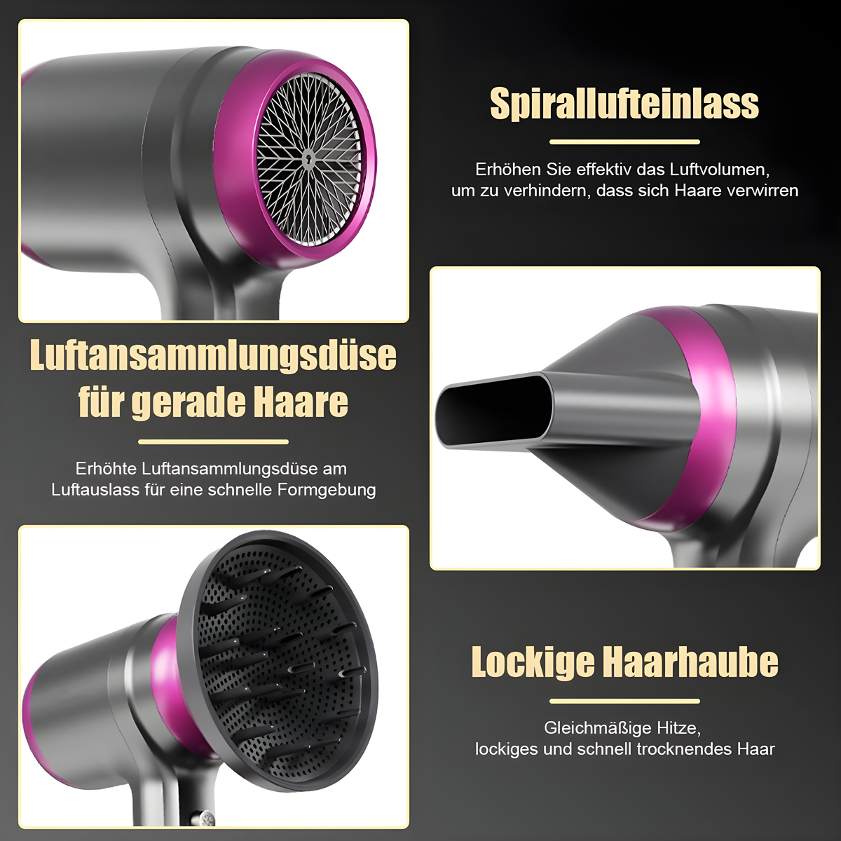Haartrockner mit Aufsätzen. Grau-rosa Design. Nahaufnahmen verschiedener Düsen für unterschiedliche Frisuren.