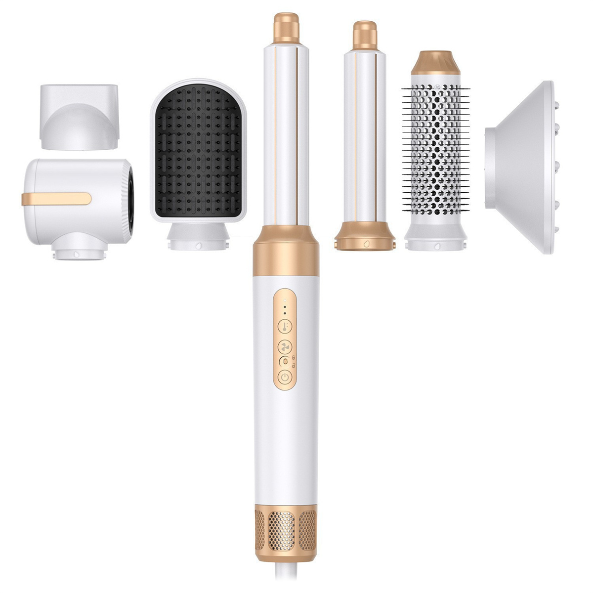 Ein weißes und goldenes Haarstyling-Tool mit mehreren Aufsätzen.