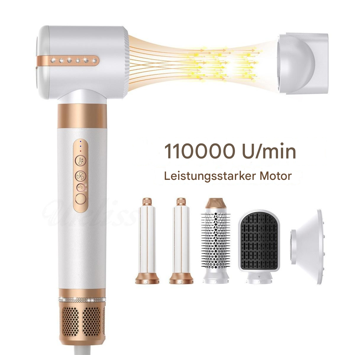 Weißer und goldener Haartrockner mit Aufsätzen und Text, der die Motorleistung (110000 U/min) angibt.