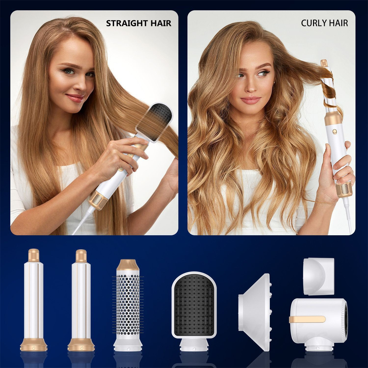 Frau mit glattem Haar, die eine Bürste verwendet. Frau mit lockigem Haar, die einen Lockenstab verwendet. Verschiedene Haarstyling-Tools unten.