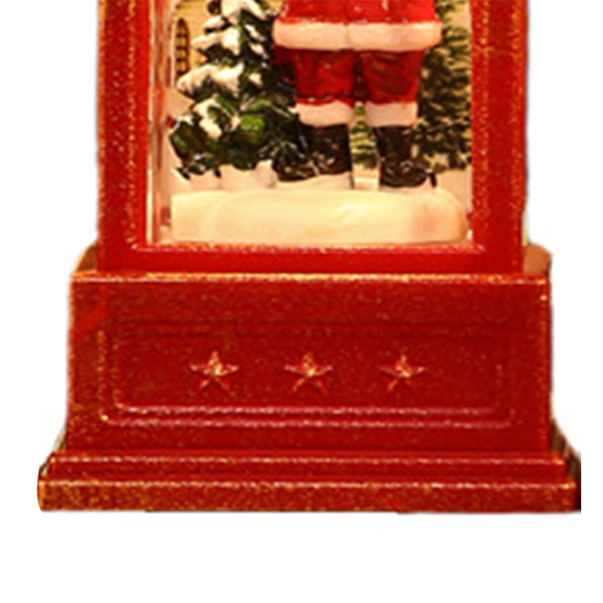 Rote Weihnachtsschneekugel mit einer Santa-Figur, Sternen und einem weißen Sockel.