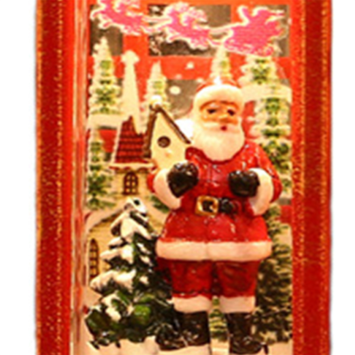 Weihnachtsmann-Figur in rotem Rahmen. Weihnachtsthema.