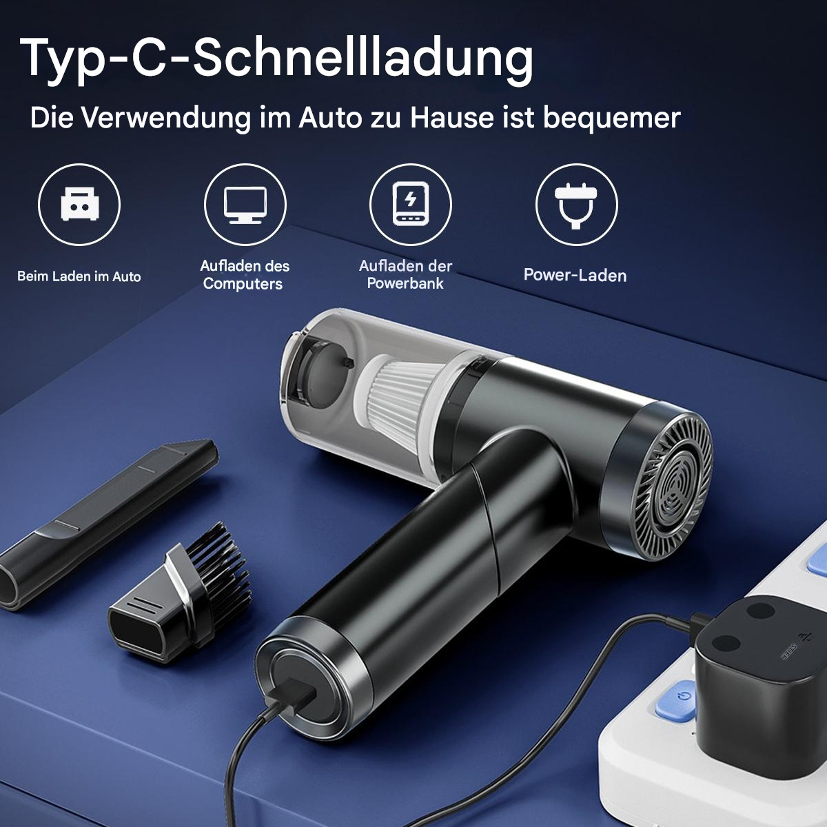 Schwarzer Handstaubsauger mit Zubehör, Ladekabel und Stecker. Illustrationen beschreiben das Aufladen.