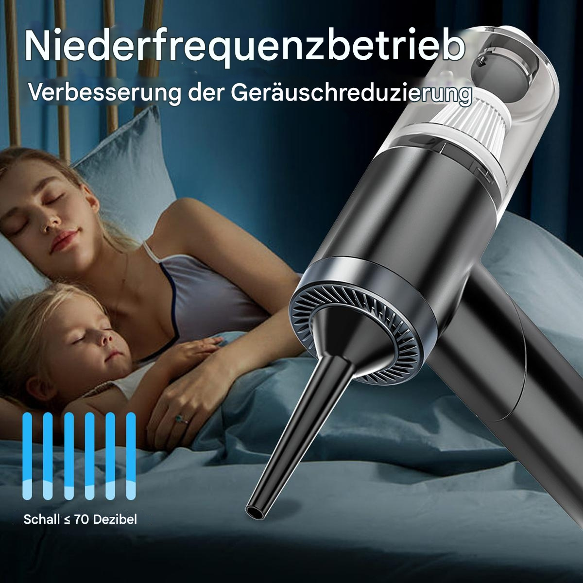 Frau und Kind in der Nähe eines Staubsaugers. Der Reiniger ist schwarz. Der Schallpegel wird unter 70 Dezibel angezeigt.