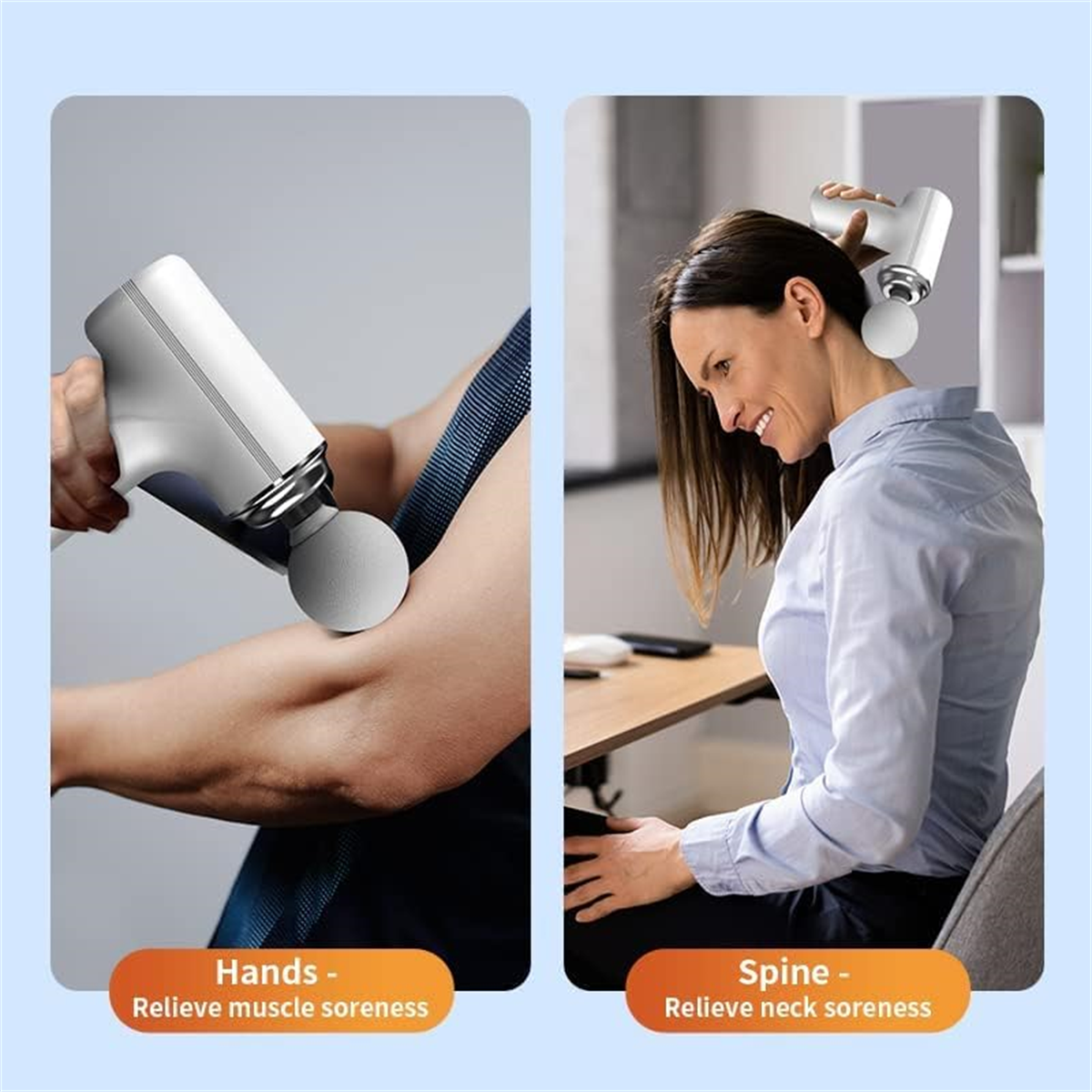 Zwei Bilder von Personen, die Massagepistolen verwenden: eine am Arm, eine am Nacken, mit Etiketten.