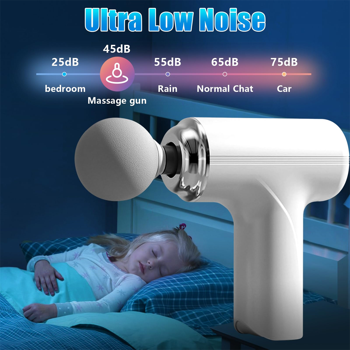 Eine weiße Massagepistole liegt neben einem schlafenden Mädchen. Geräuschpegel sind dargestellt: 25dB bis 75dB.