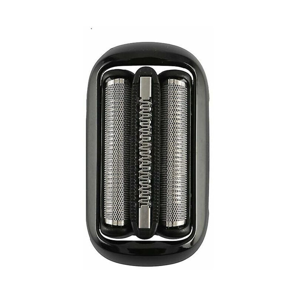Rasierkopf mit zwei Metallfolien und einem zentralen Trimmer, alles in einem schwarzen Gehäuse.