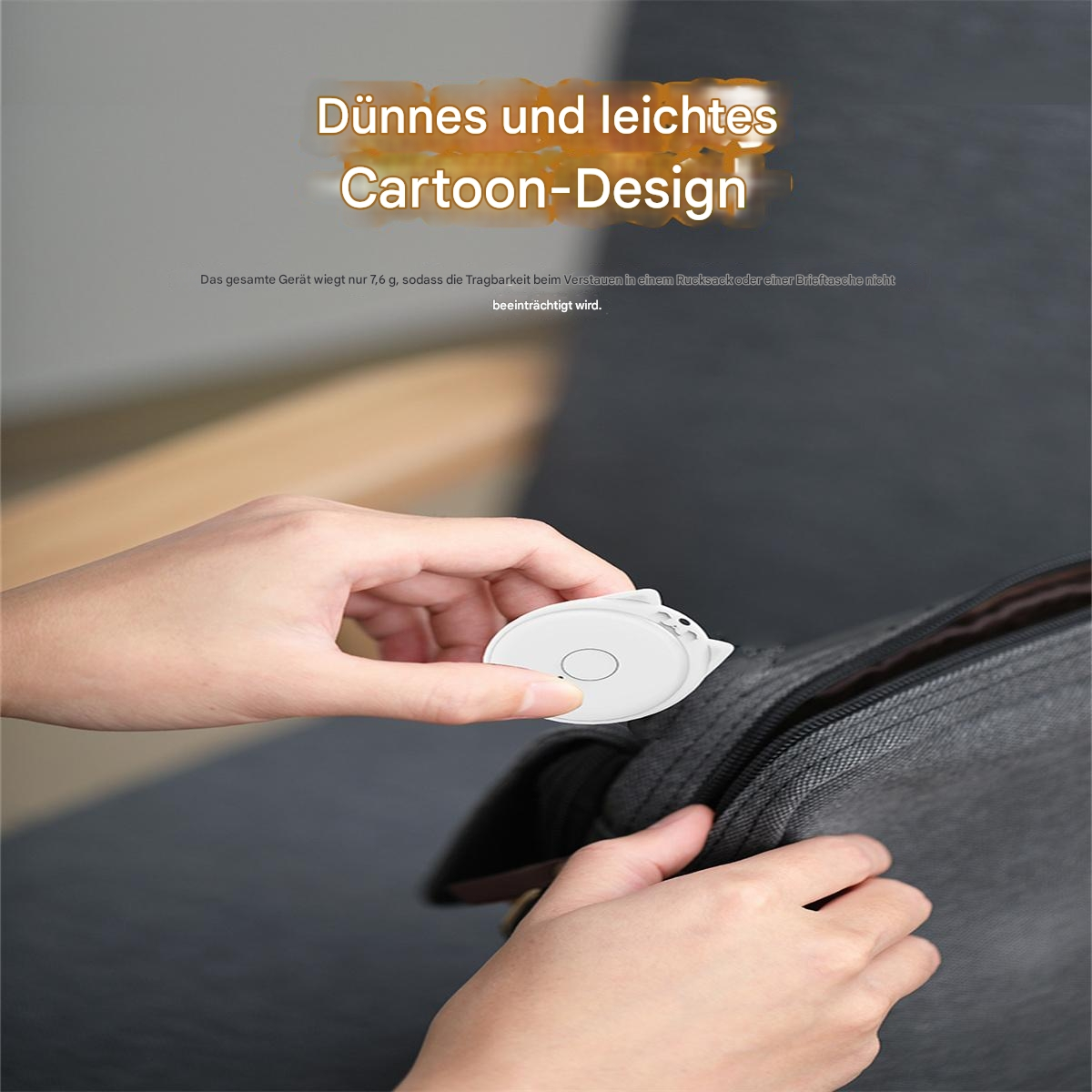 Weißes Gerät in Händen gehalten. Text: Dünnes und leichtes Cartoon-Design. In eine Tasche gelegt.