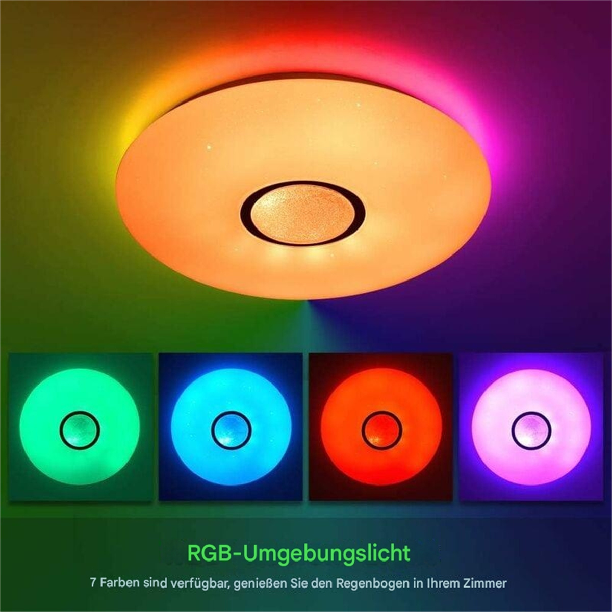 Runde Deckenleuchte mit bunten RGB-Lichtern.