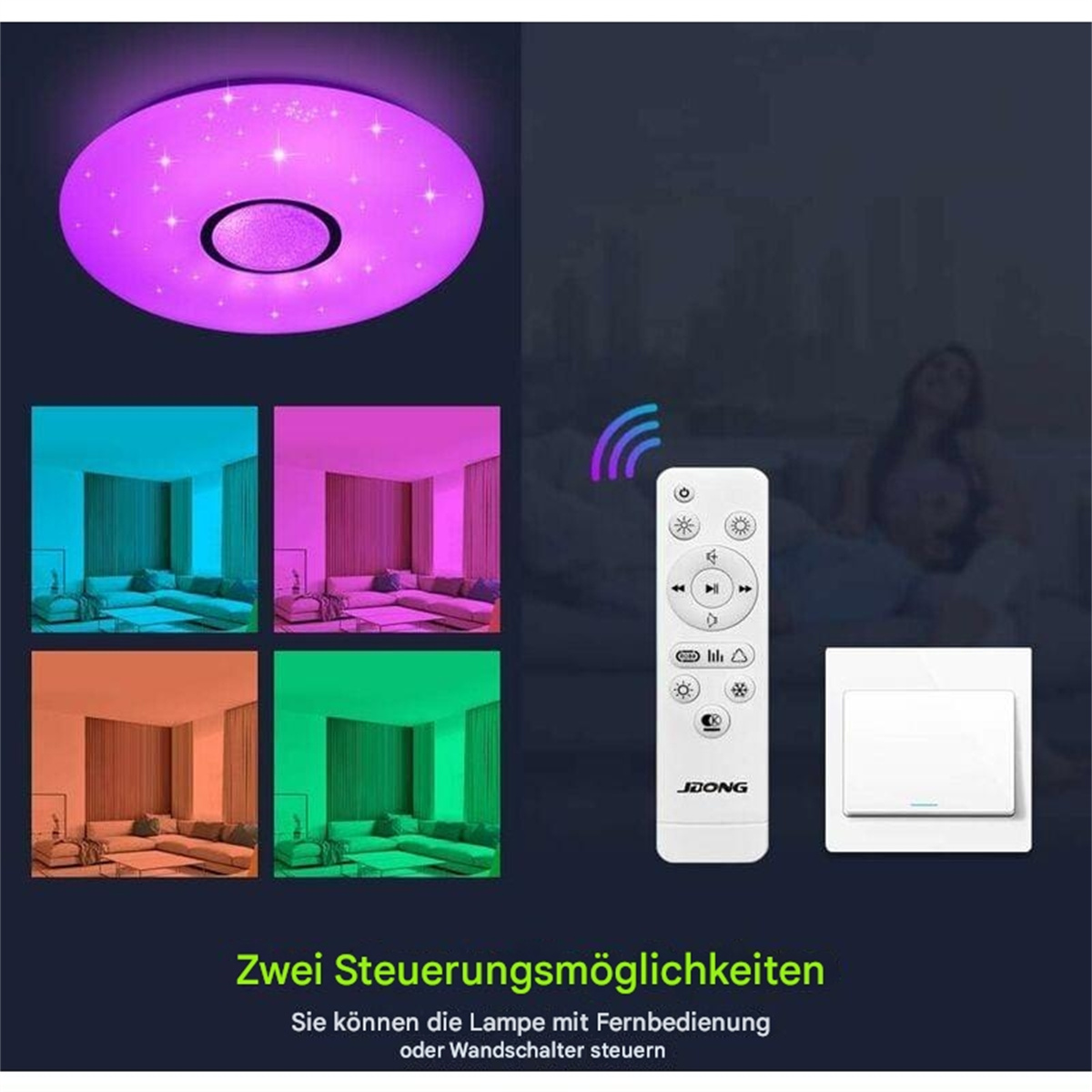 Eine Deckenleuchte mit verschiedenen Farboptionen und Fernbedienung.