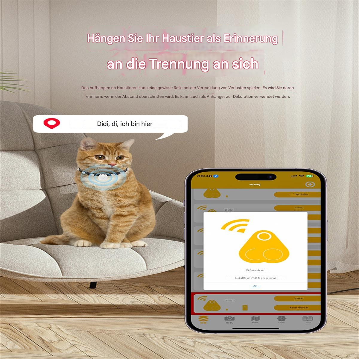 Orange Katze mit Halsband. Telefon zeigt den Standort eines Tags.