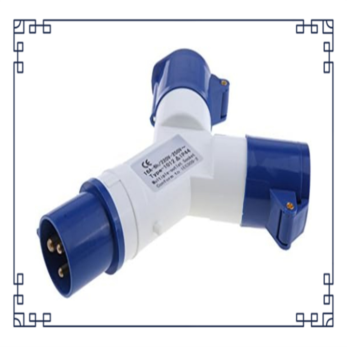 Ein weiß-blauer elektrischer Stecker mit drei Stiften.