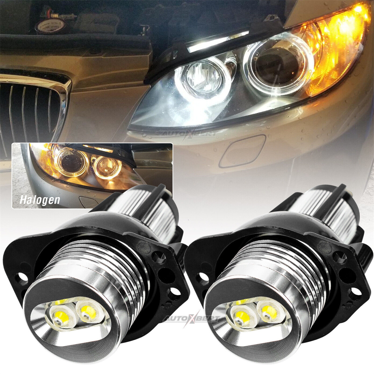 Zwei Autoscheinwerfer sind sichtbar, einer mit Halogen-, einer mit LED-Lichtern.