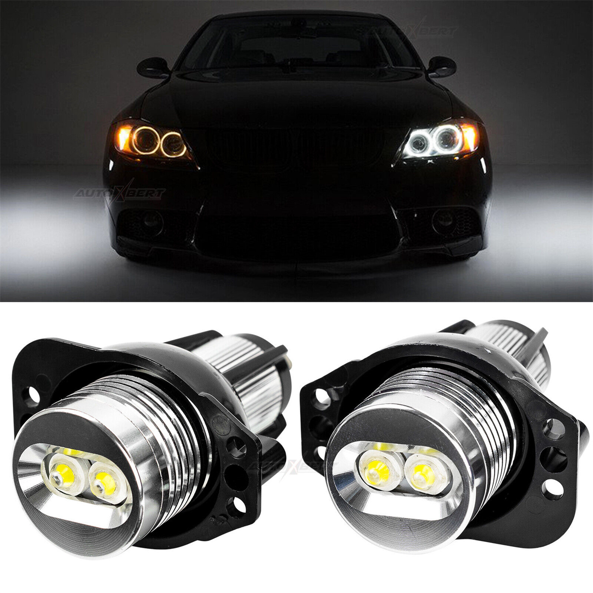 Zwei Bilder: Autoscheinwerfer mit weißen und gelben Lichtern und die LED-Lichtkomponenten.