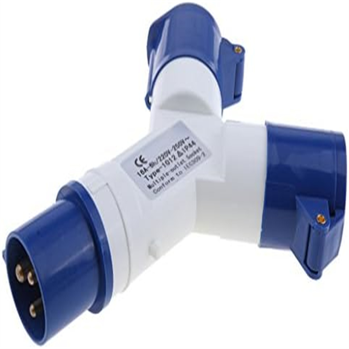 Ein weiß-blauer elektrischer Stecker mit drei Stiften und einem Y-förmigen Design.
