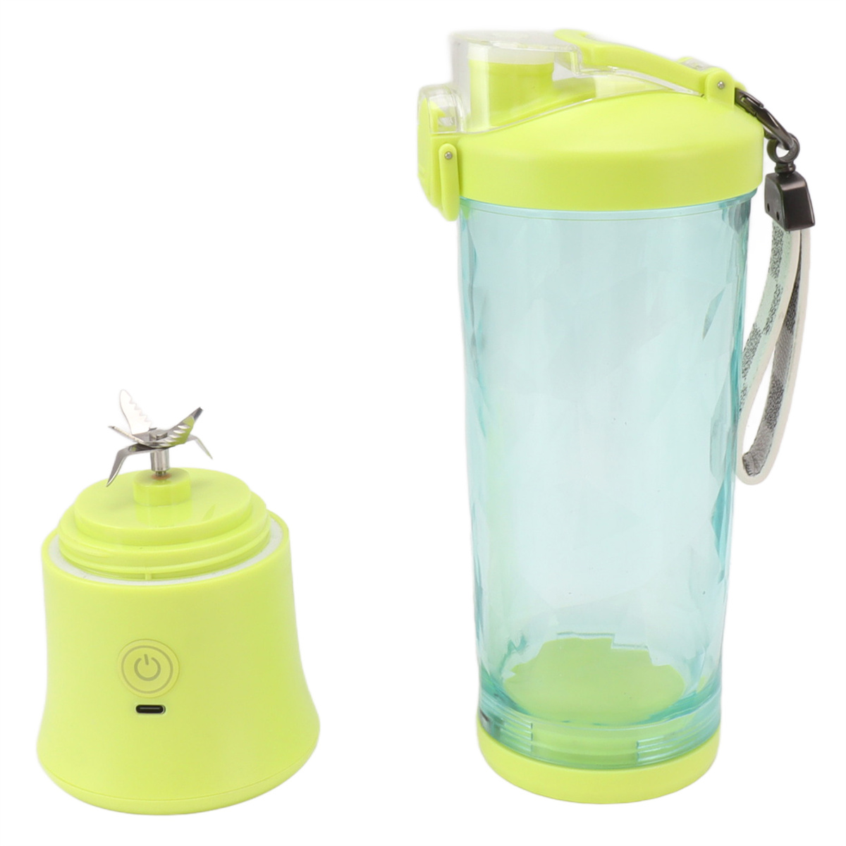 Hellgrüner Mixer und eine klare blaue Mixflasche mit grünem Deckel.