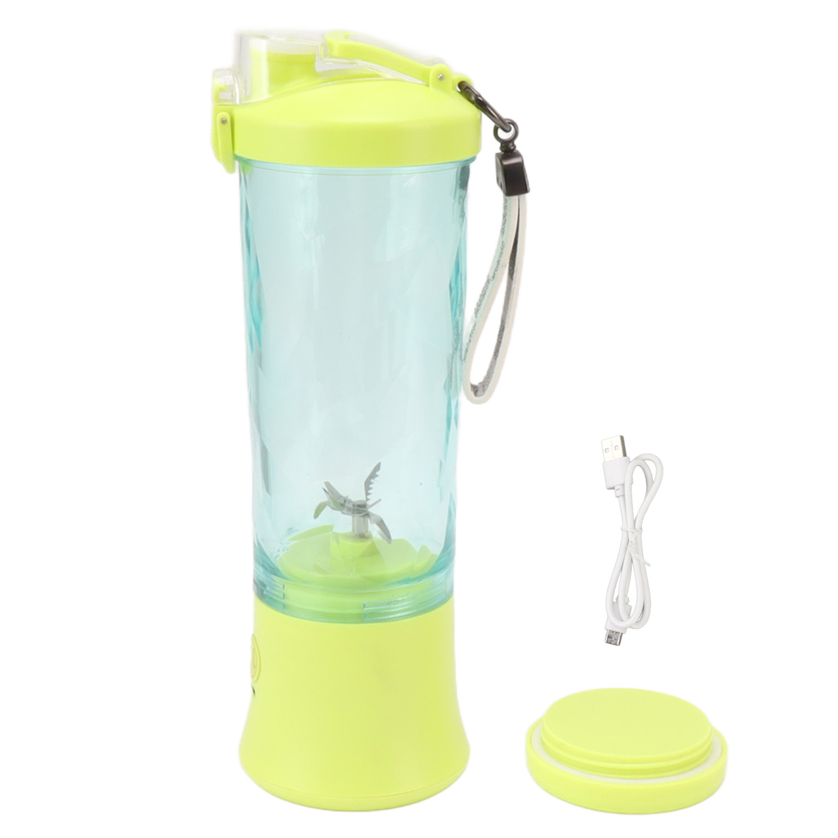 Ein limettengrüner und blauer Mixer mit einem transparenten Behälter und einem weißen USB-Ladekabel.