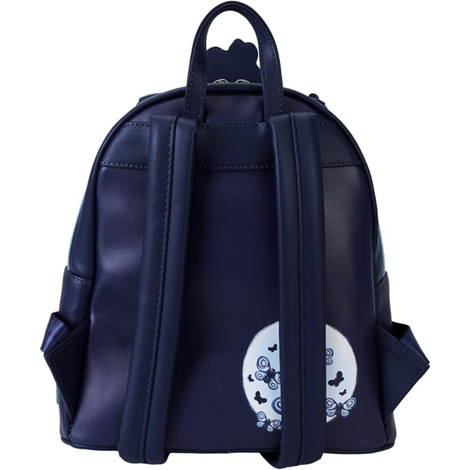 Mochila azul oscuro con diseño de mariposas en la espalda, con dos correas.