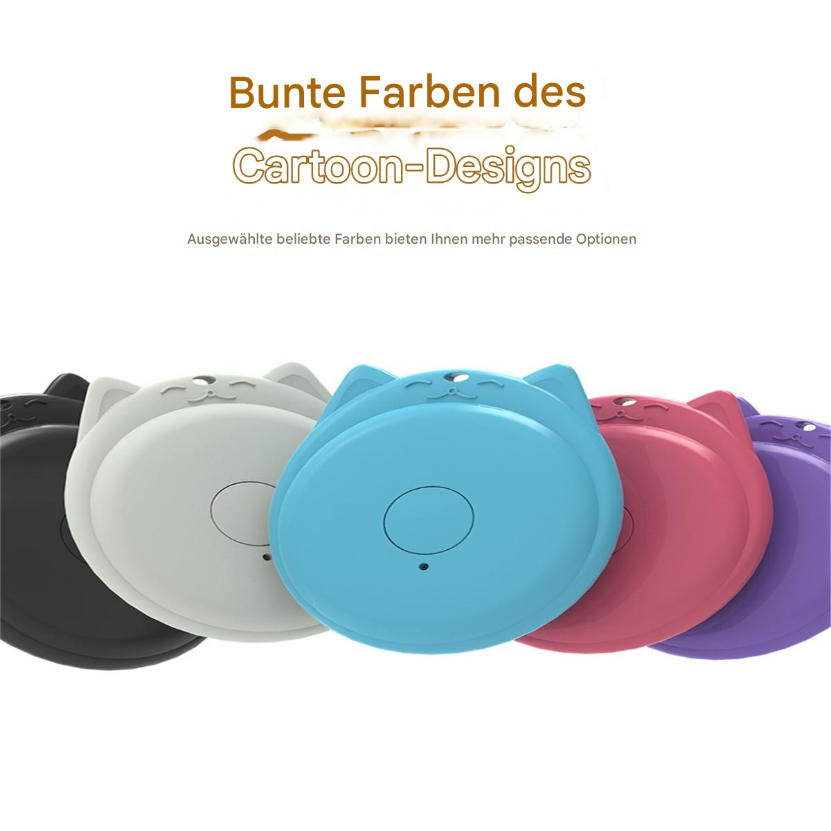 Fünf katzenförmige Tracker in Schwarz, Weiß, Blau, Rosa und Lila.
