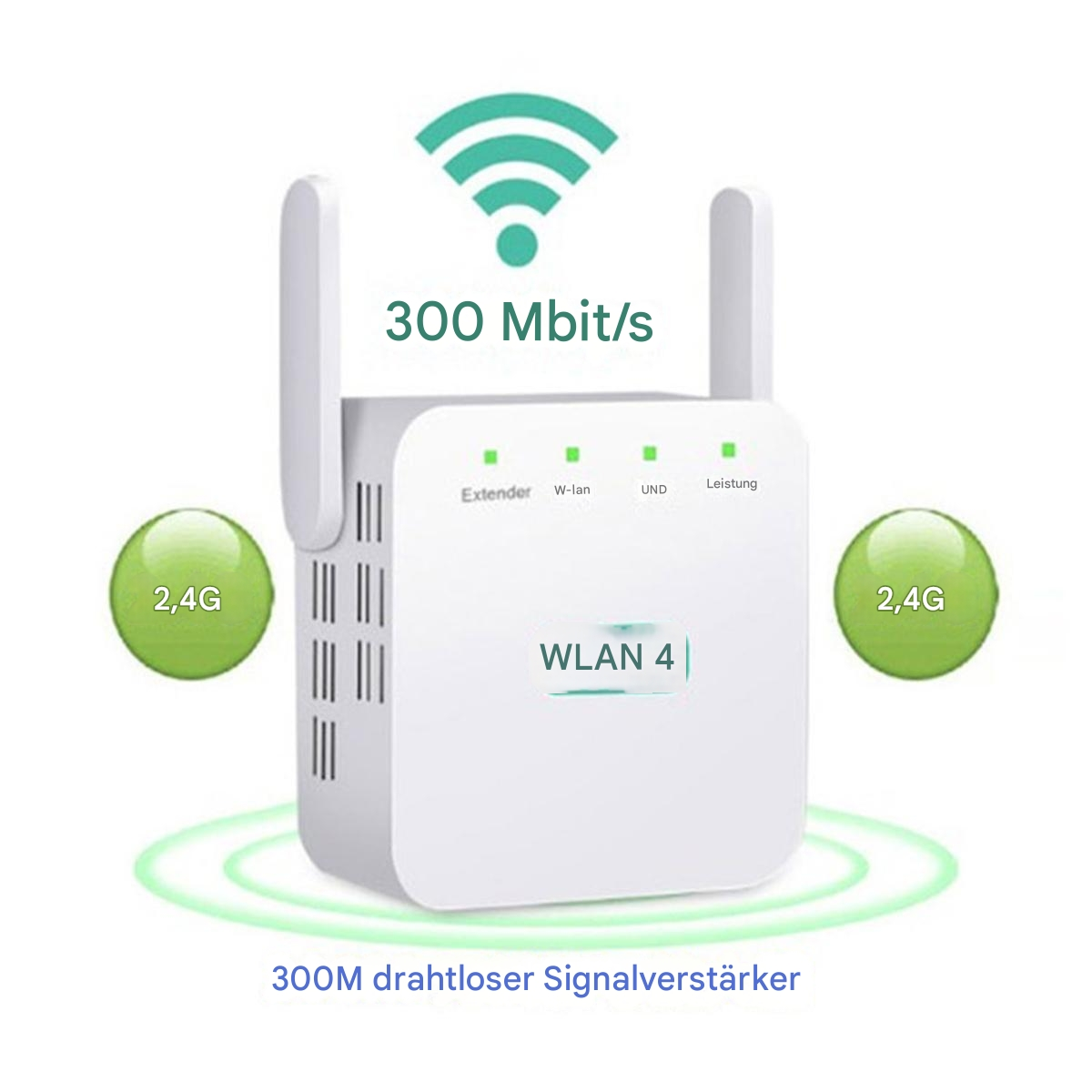 Weißer WLAN-Repeater mit zwei Antennen und grünen Blasen mit Text 2,4G und 300 Mbit/s.