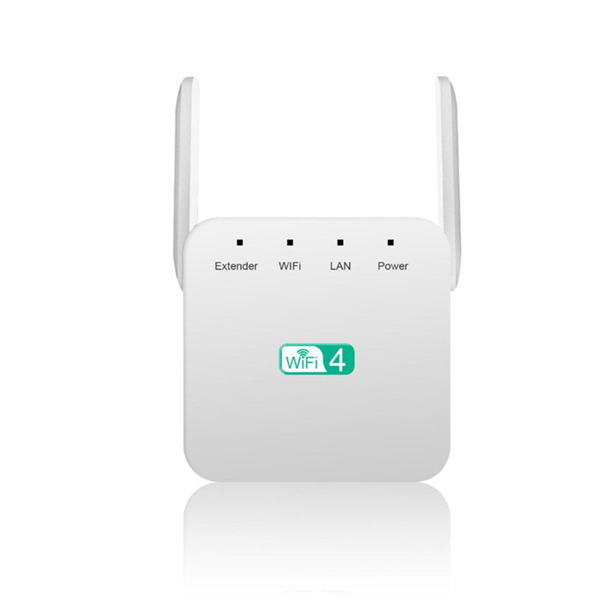 Weißer WLAN-Extender mit zwei Antennen und Kontrollleuchten.
