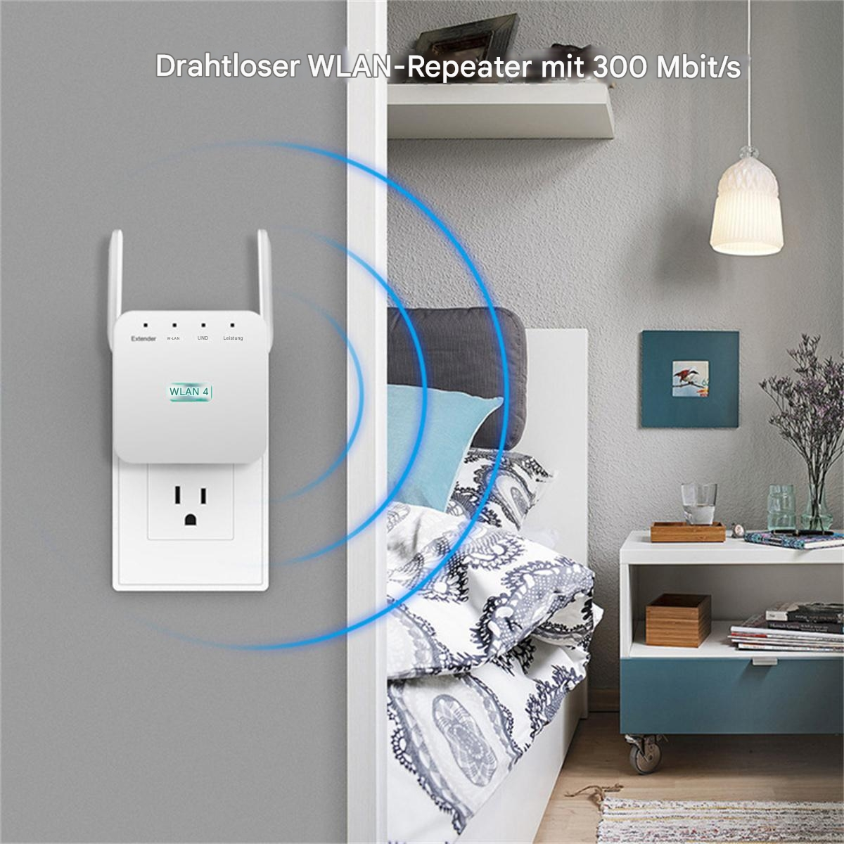 Ein WLAN-Repeater, der in einer Steckdose in einem Schlafzimmer eingesteckt ist.