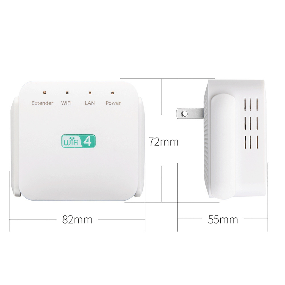 Weißer WLAN-Extender mit Abmessungen und Beschriftungen. Power-, LAN-, WLAN- und Extender-Labels.