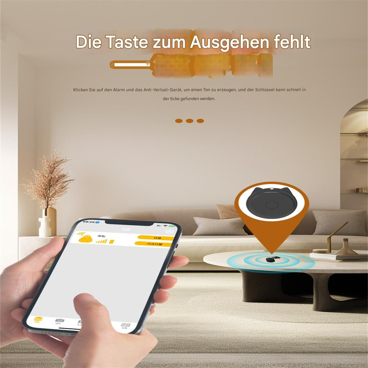 Eine Person hält ein Smartphone neben einem Tisch mit einem kleinen schwarzen Ortungsgerät.