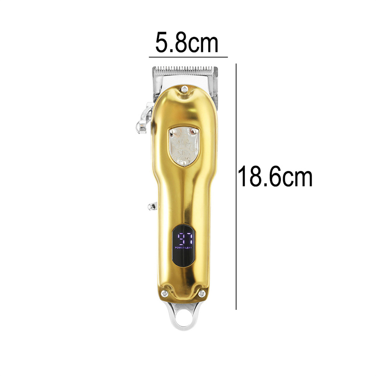Ein goldener Haarschneider mit Abmessungen und Digitalanzeige.