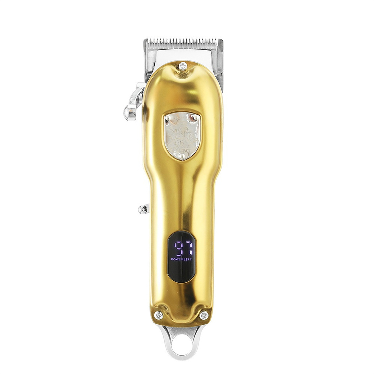 Ein goldener Haarschneider mit digitaler Anzeige, die den Leistungspegel anzeigt.