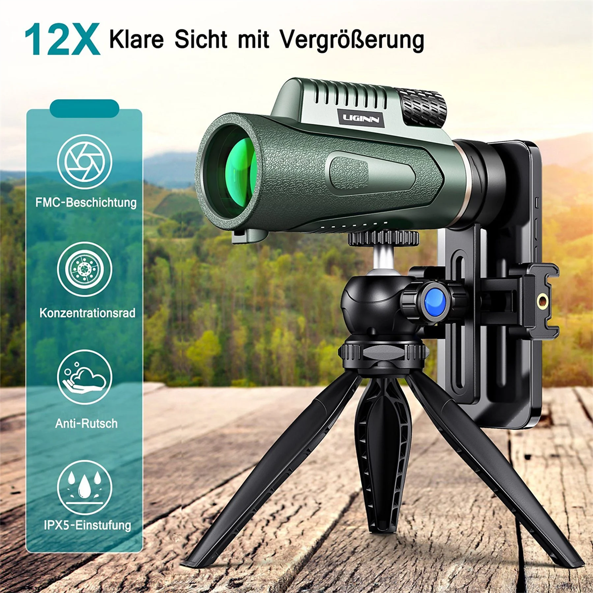 Grünes Monokular mit Telefonhalterung und Stativ. Text: 12X klare Sicht mit Vergrößerung.